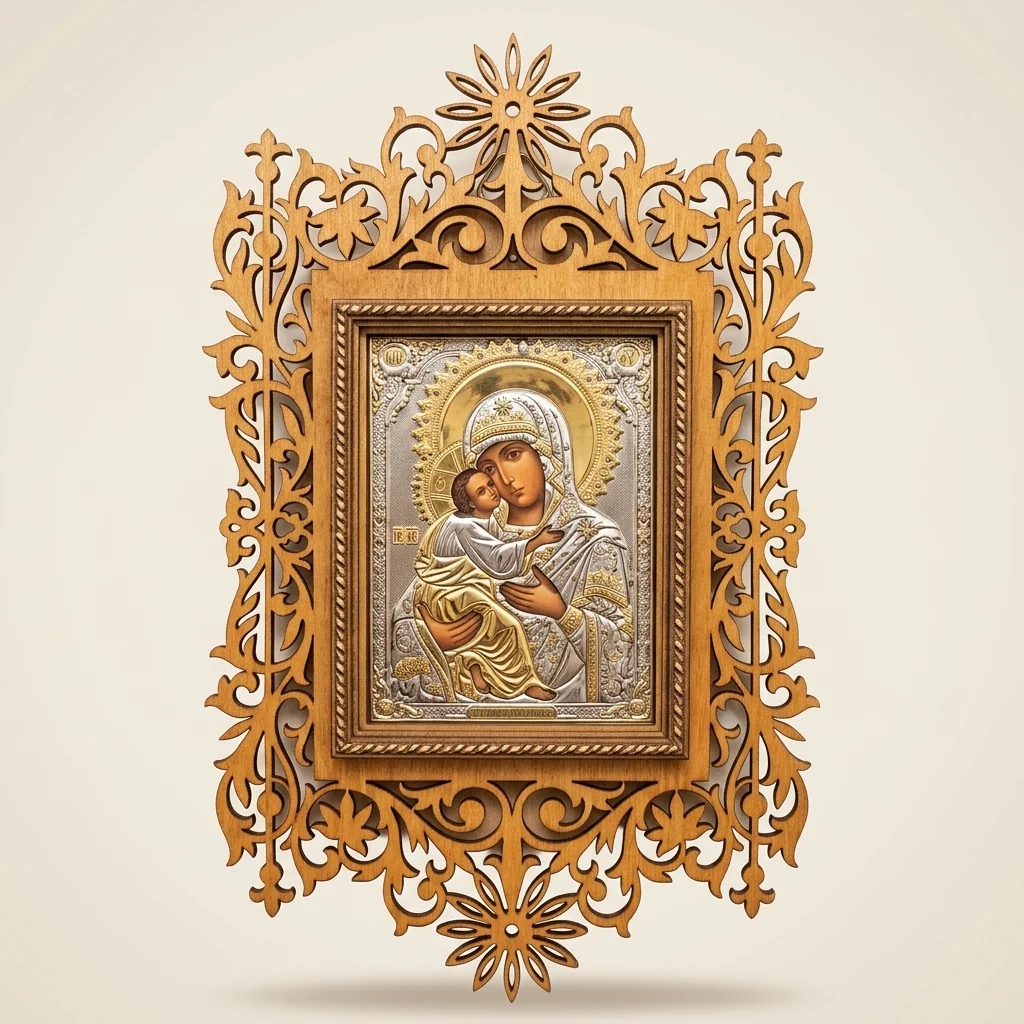 Marco ortodoxo calado con ícono de la Virgen y el Niño