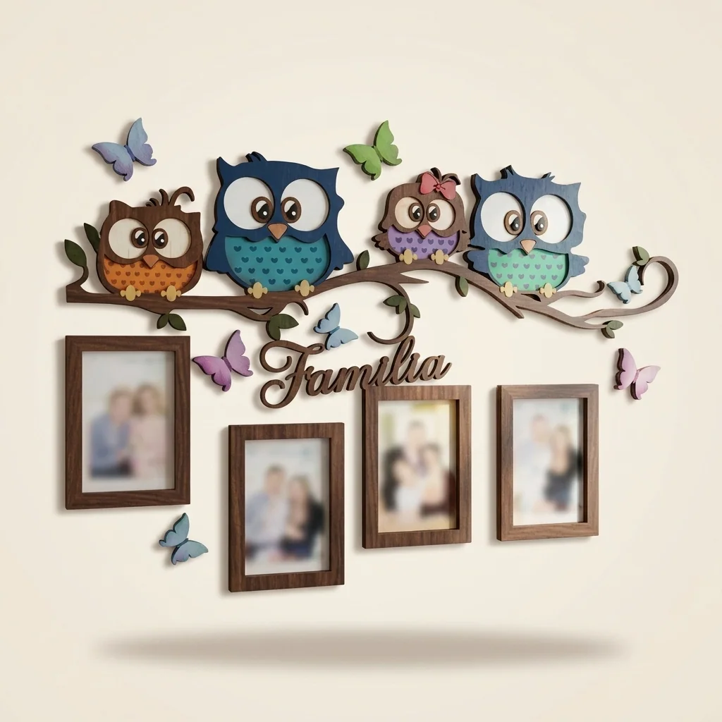 Marco familia búhos con cuatro fotos y mariposas