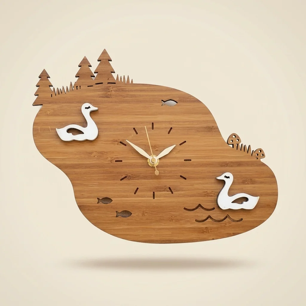Reloj de pared paisaje lago con cisnes en madera
