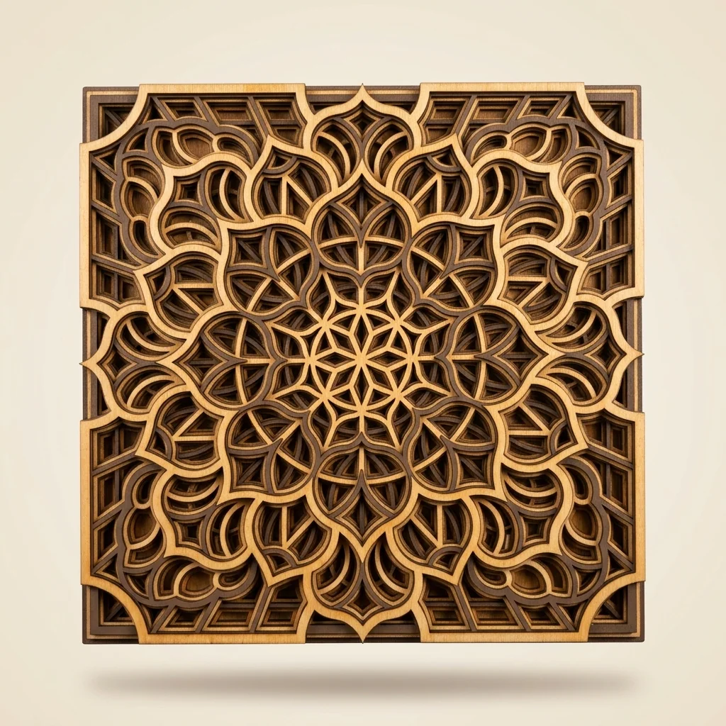 Mandala cuadrado multicapa floral en madera