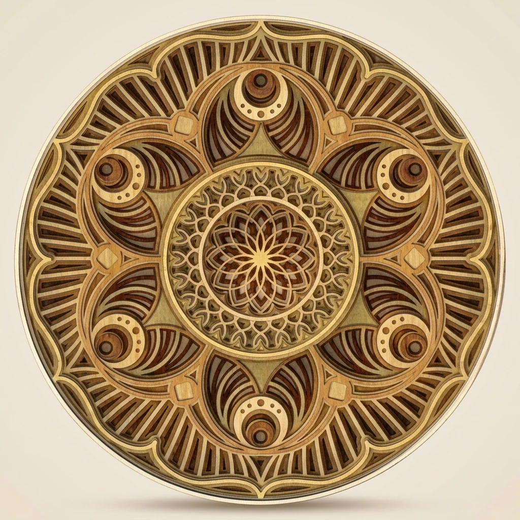 Mandala circular multicapa con espirales en madera