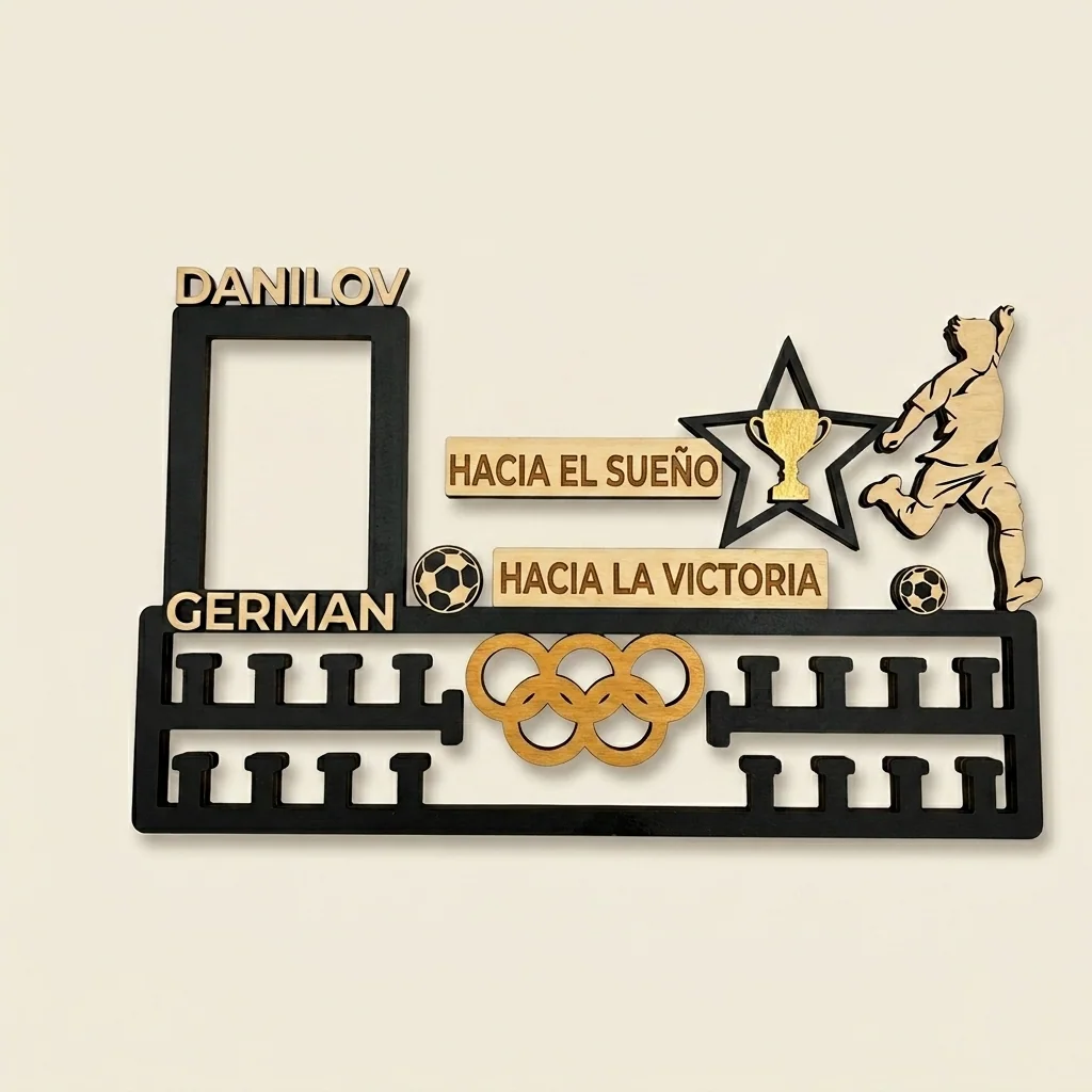 Porta-medallas de fútbol con marco de foto y nombre