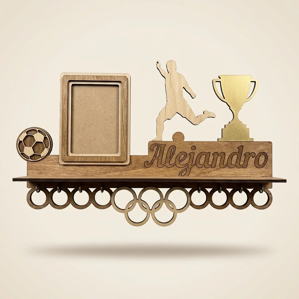 Porta-medallas de fútbol con marco, balón y nombre