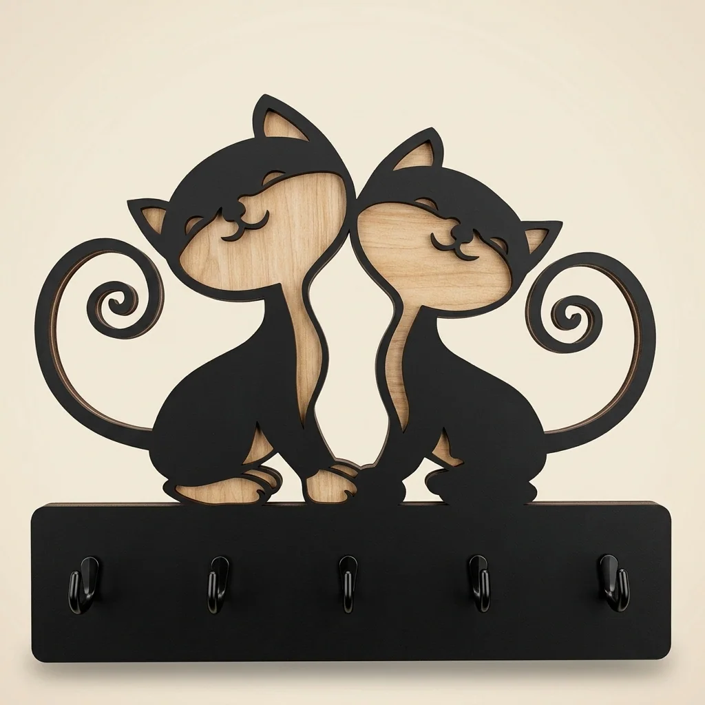 Portallaves de pareja de gatos negros con detalles en madera