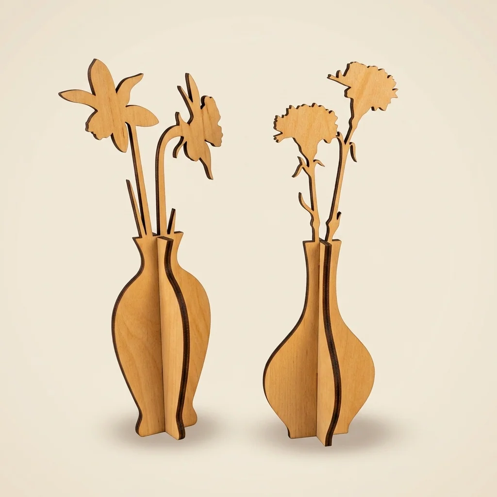Set de dos floreros decorativos con flores de madera