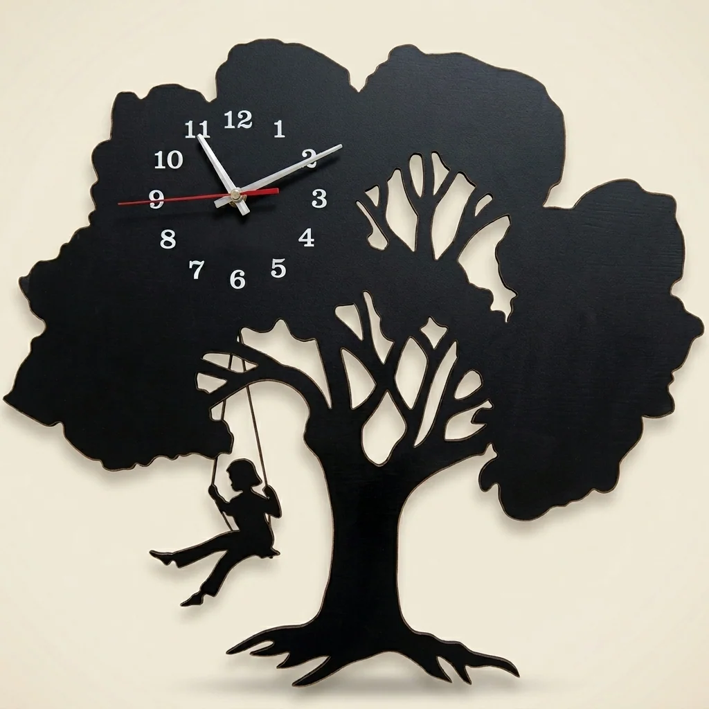 Reloj de pared árbol con niña en columpio