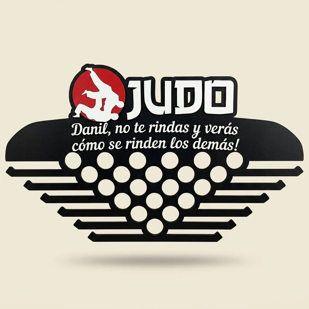 Porta-medallas de judo con mensaje motivacional