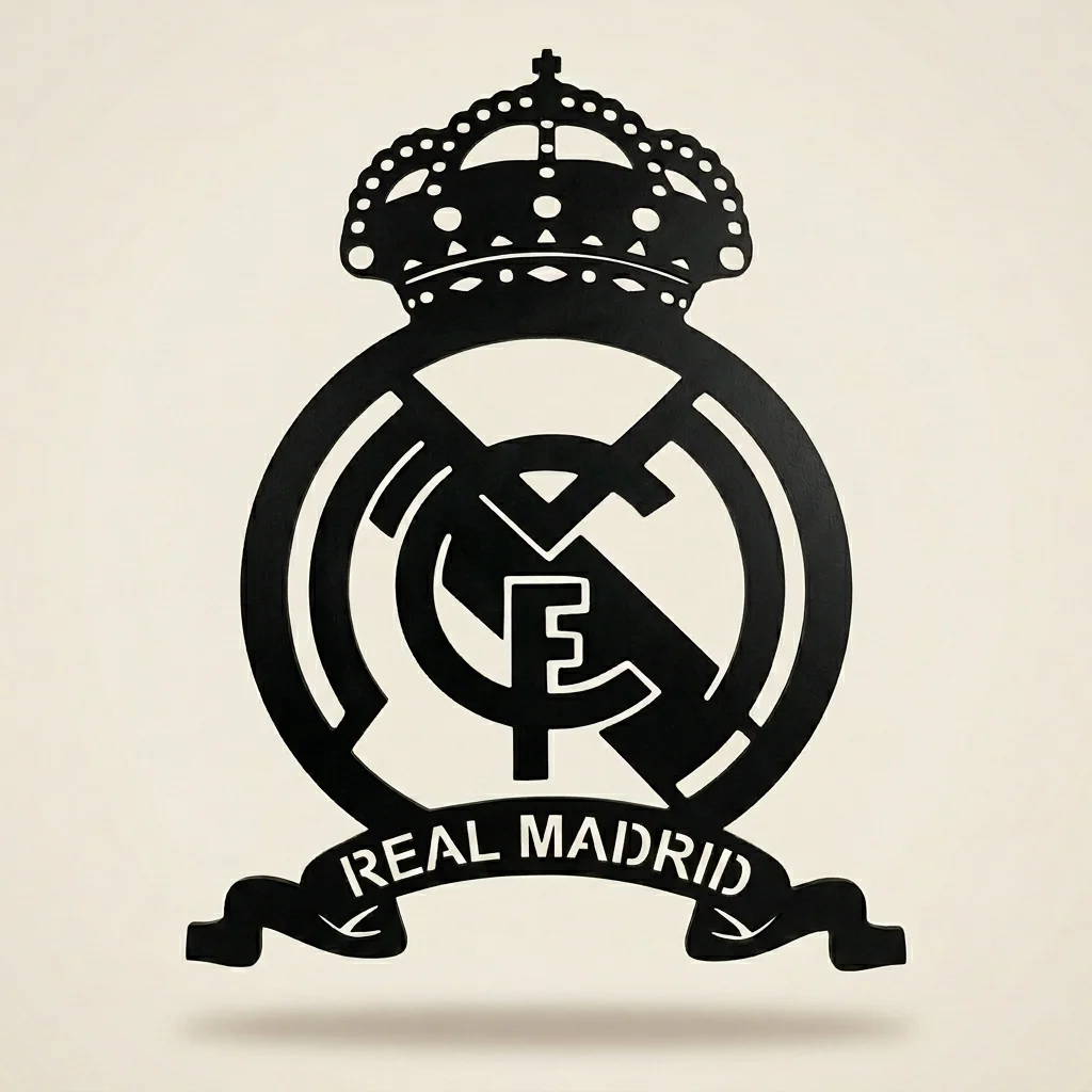 Cuadro escudo Real Madrid con corona y banner en madera